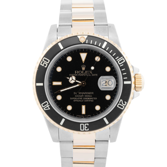 Rolex Submariner Date 18K Yellow Gold Black Stainless Steel 40mm 16803 Watch