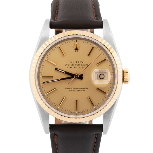 Rolex DateJust 36mm Champagne Two-Tone 18K Yellow Gold Fluted Steel 16233 Watch