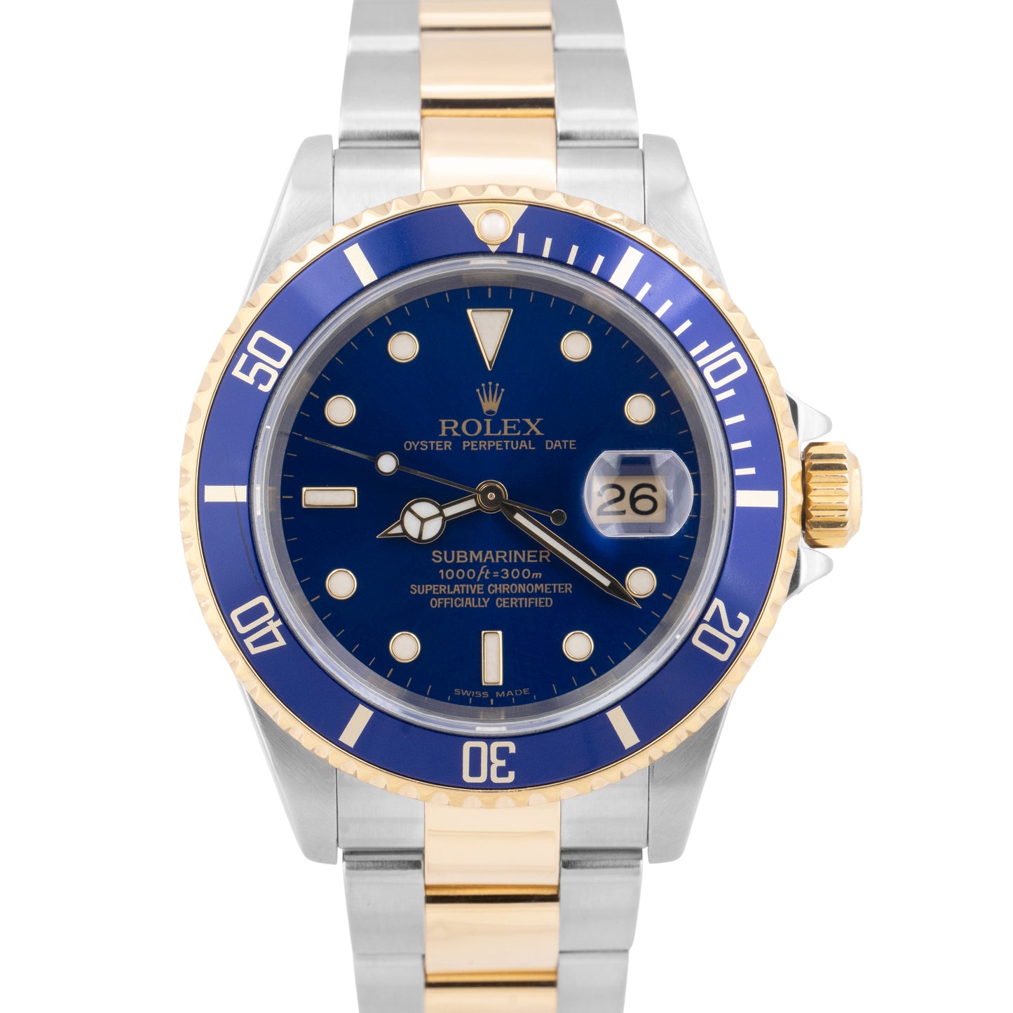 Rolex Submariner Date 40mm BLUE NO-HOLES SEL Two-Tone 18K Gold Steel Watch 16613