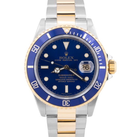 Rolex Submariner Date 40mm BLUE NO-HOLES SEL Two-Tone 18K Gold Steel Watch 16613