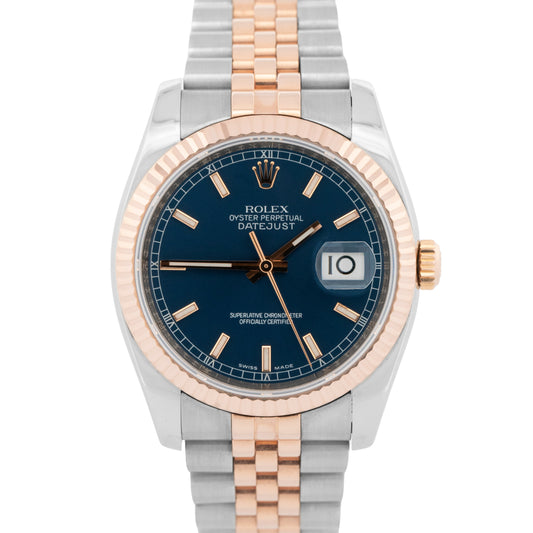 Rolex DateJust 36mm BLUE Two-Tone 18K Rose Gold Steel Jubilee 116231 Watch