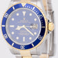 Rolex Submariner Date 40mm BLUE NO-HOLES SEL Two-Tone 18K Gold Steel Watch 16613