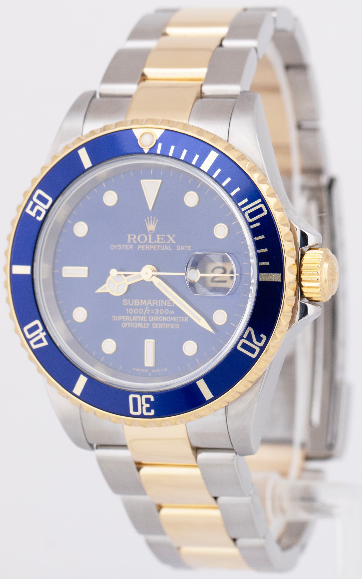 Rolex Submariner Date 40mm BLUE NO-HOLES SEL Two-Tone 18K Gold Steel Watch 16613