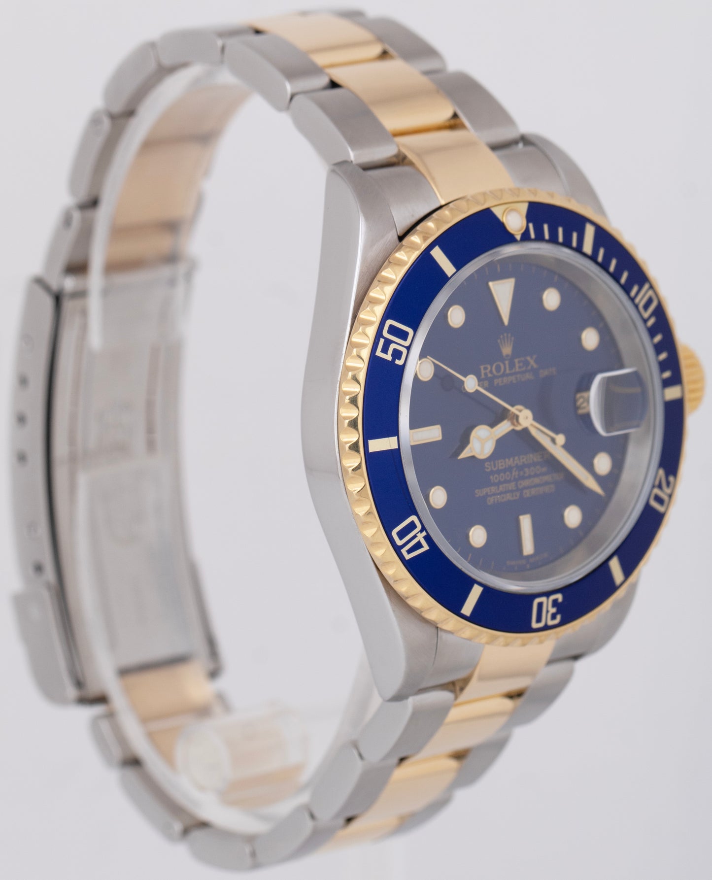 Rolex Submariner Date 40mm BLUE NO-HOLES SEL Two-Tone 18K Gold Steel Watch 16613