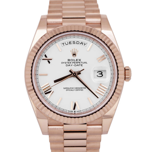 PAPERS Rolex Day-Date 40mm White Roman President 18K Rose Gold Watch 228235 BOX