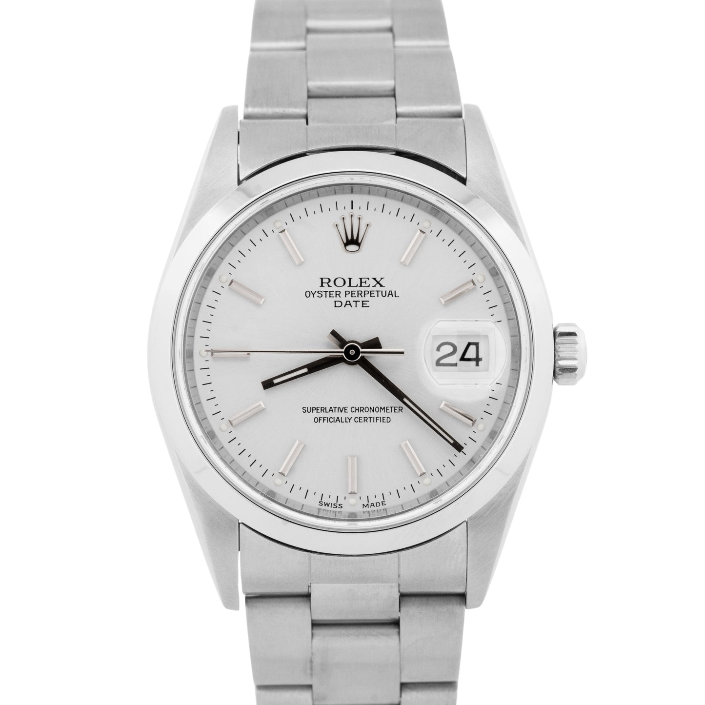 Rolex Oyster Perpetual Date Silver 34mm Oyster Steel NO-HOLES Watch 15200