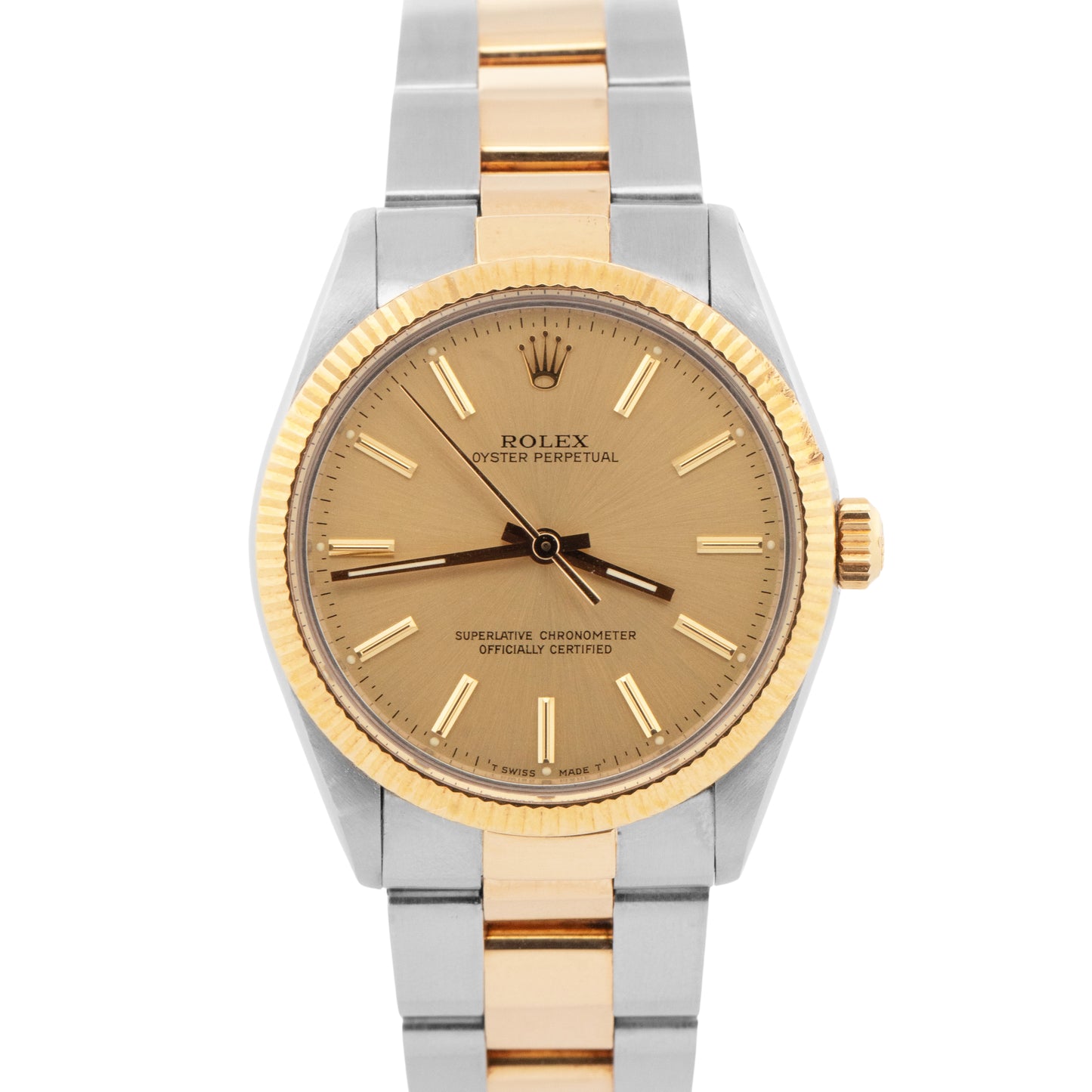 Rolex Oyster Perpetual 34mm Two-Tone Champagne Gold Steel Fluted Watch 1005