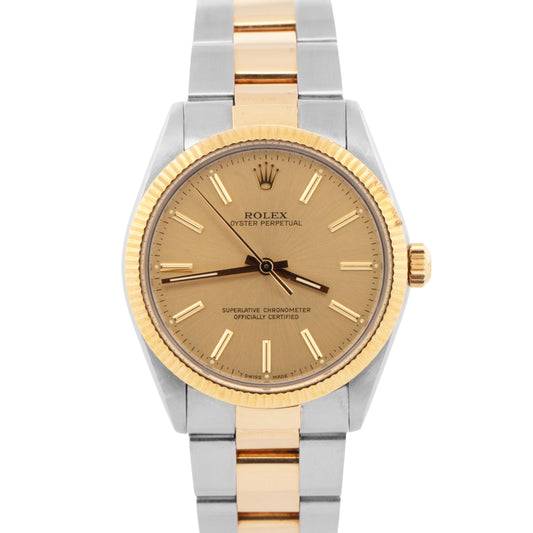 Rolex Oyster Perpetual 34mm Two-Tone Champagne Gold Steel Fluted Watch 1005