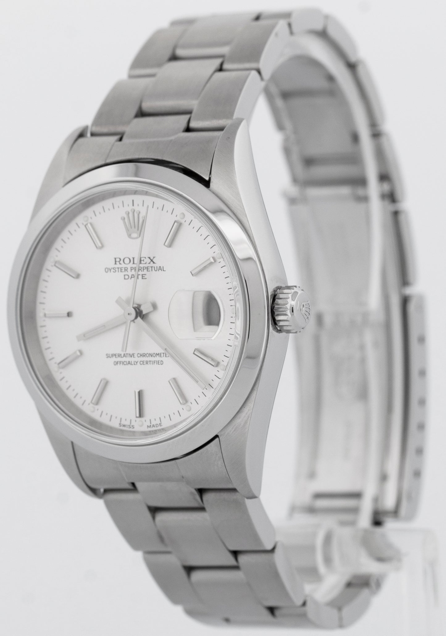 Rolex Oyster Perpetual Date Silver 34mm Oyster Steel NO-HOLES Watch 15200