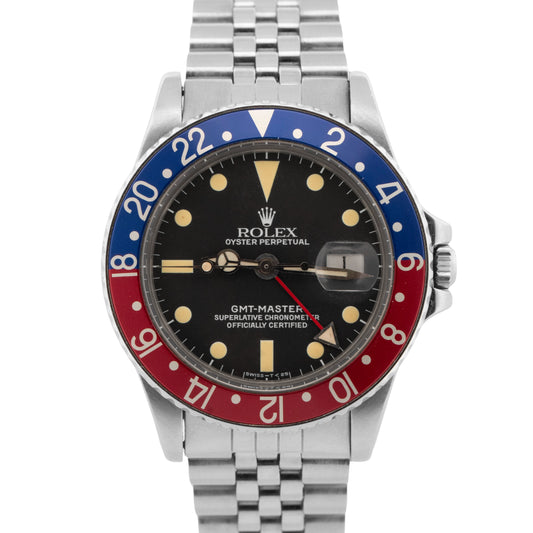 1979 PAPERS Rolex GMT-Master Red Blue PEPSI Black Patina MATTE 40mm Watch 1675