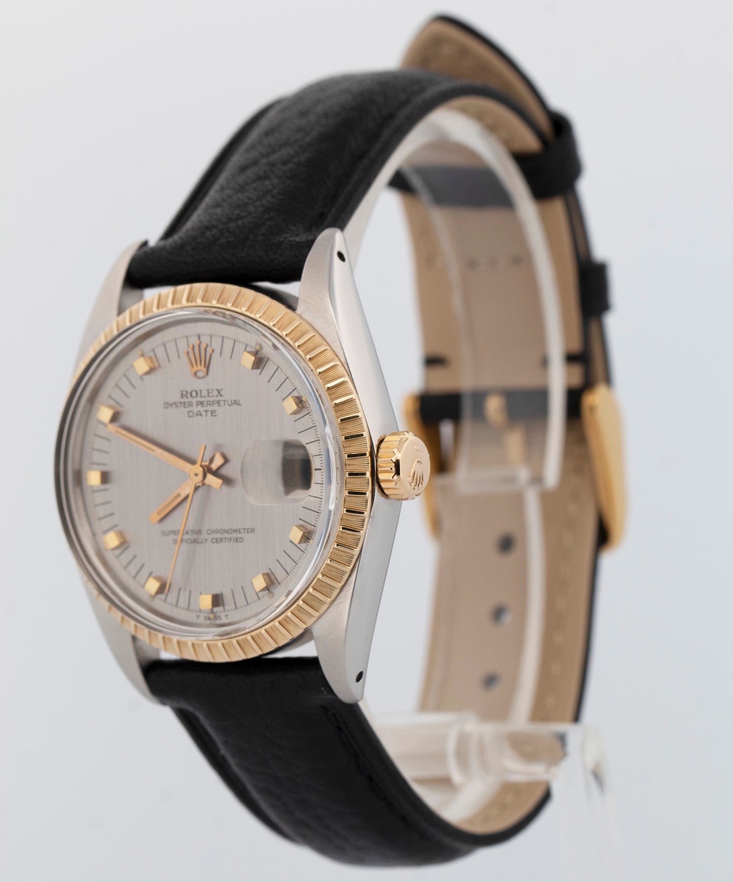 Rolex Oyster Perpetual Date GRAY Two-Tone Engine-Turned Gold 34mm 1505 Watch