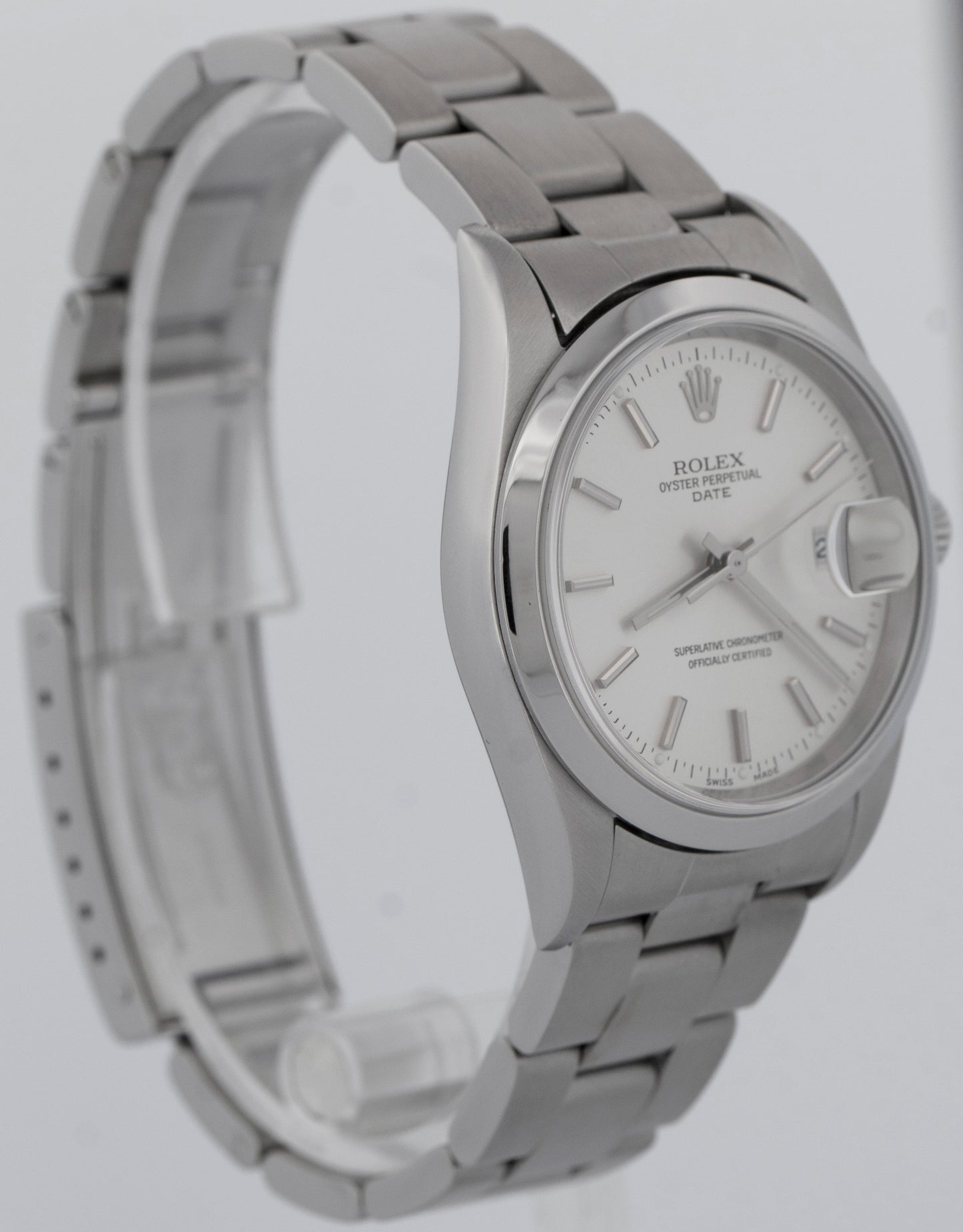 Rolex Oyster Perpetual Date Silver 34mm Oyster Steel NO-HOLES Watch 15200