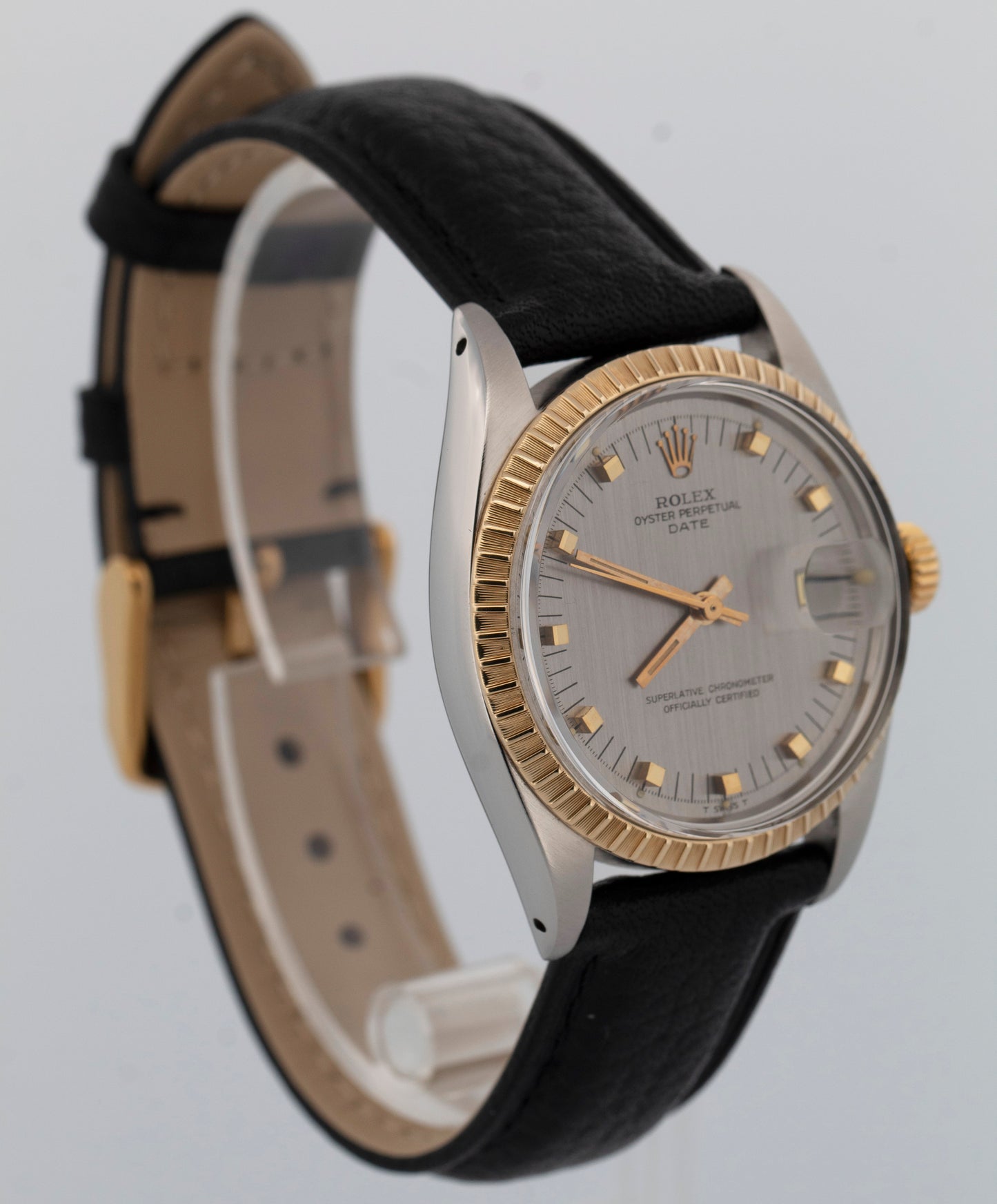 Rolex Oyster Perpetual Date GRAY Two-Tone Engine-Turned Gold 34mm 1505 Watch