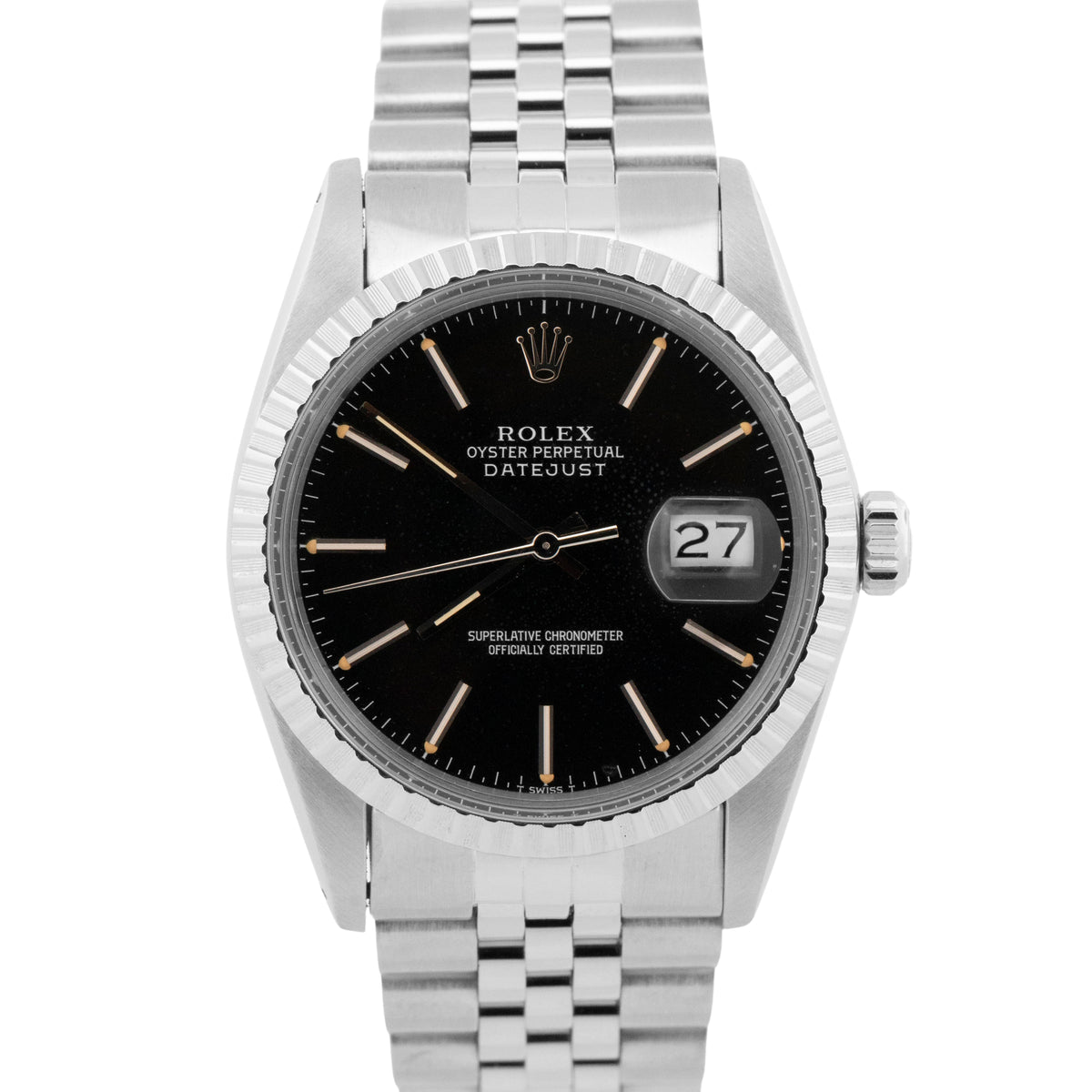 Rolex DateJust 16030 Black Stainless Steel Black Engine-Turned 36mm Watch