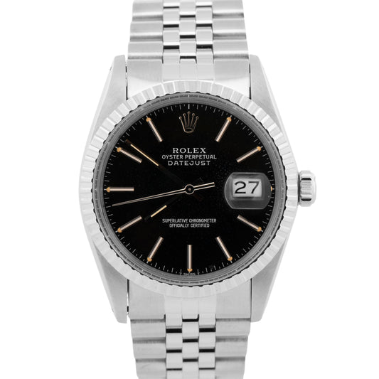 Rolex DateJust 16030 Black Stainless Steel Black Engine-Turned 36mm Watch