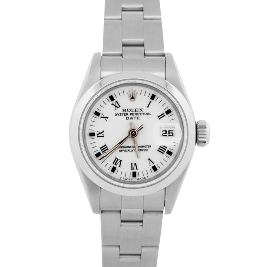 Ladies Rolex Date 26mm White Stainless Steel Oyster Roman Automatic Watch 69160