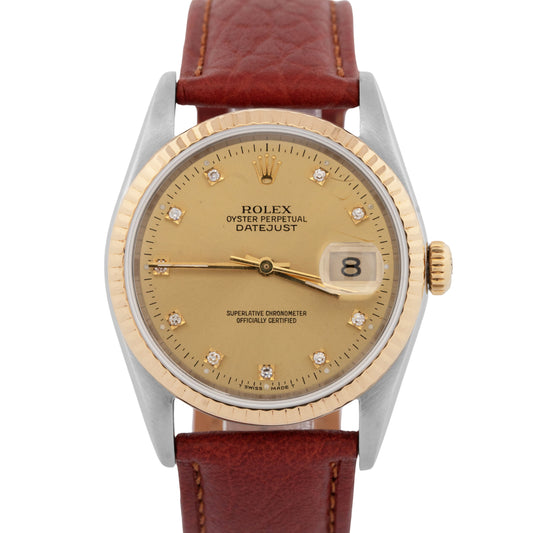 Rolex DateJust 36mm CHAMPAGNE DIAMOND Two-Tone 18K Gold Fluted 16233 Watch