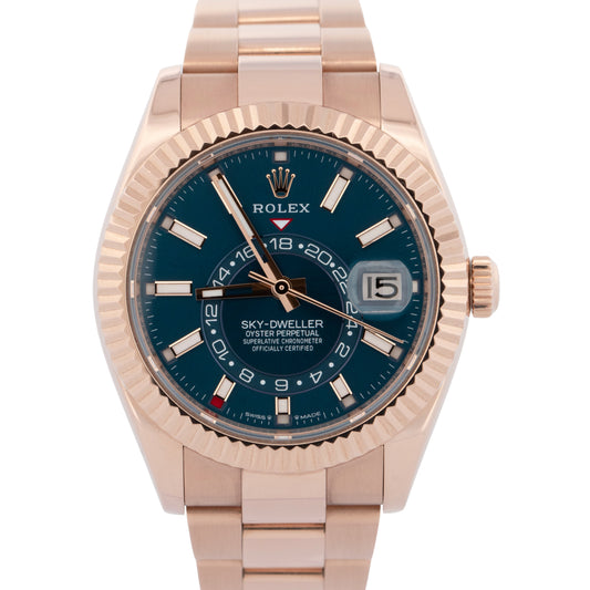 Rolex Sky-Dweller 18K Rose Gold BLUE GREEN 42mm Fluted Oyster Watch 336935 BOX