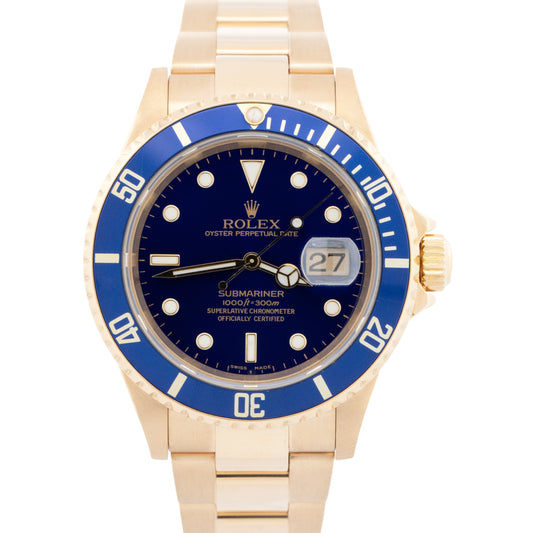 2005 PAPERS Rolex Submariner Date BLUE Yellow Gold 40mm Watch 16618 Watch BOX