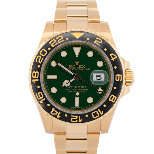 2017 PAPERS Rolex GMT-Master II GREEN 18K Yellow Gold Oyster 40mm 116718 BOX