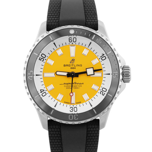PAPERS Breitling Superocean 42mm YELLOW Automatic Stainless Watch A17375 BOX