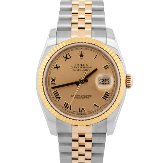 PAPERS Rolex DateJust 36mm CHAMPAGNE Two-Tone 18K Yellow Gold JUBILEE 116233 BOX