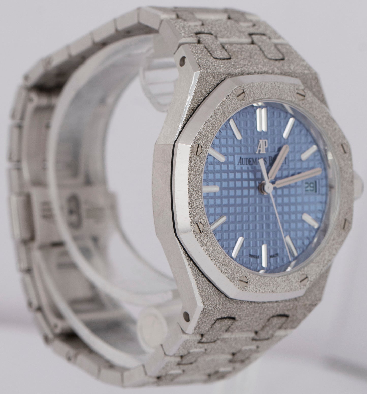 PAPERS Audemars Piguet Royal Oak BLUE FROSTED Gold 34mm 77353BC.GG.1263BC.01 BOX