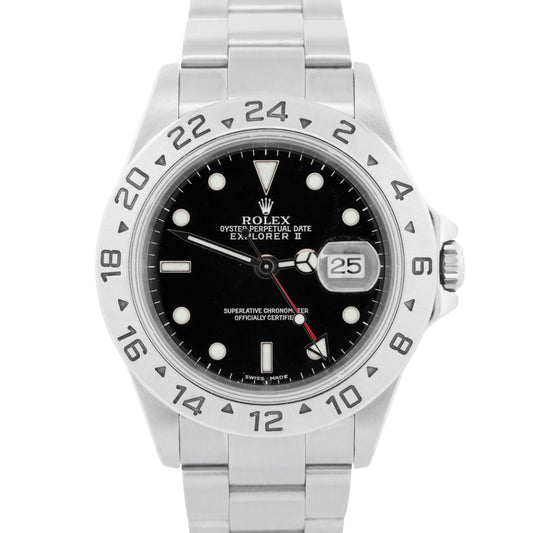 Rolex Explorer II 40mm BLACK Red Stainless Steel Oyster Date GMT Watch 16570
