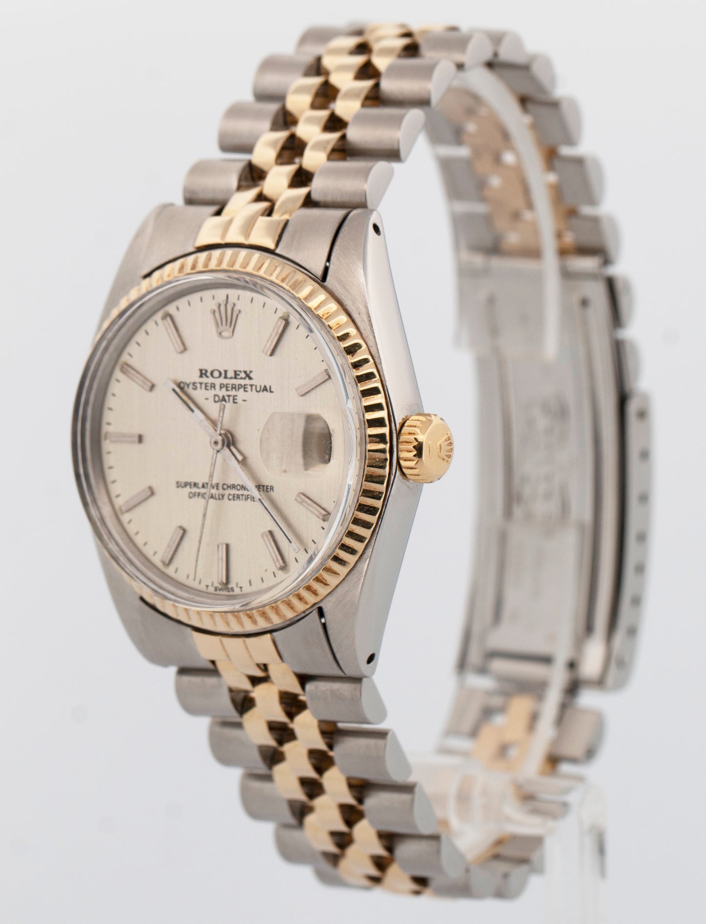 Rolex Oyster Perpetual Date SILVER Two-Tone Gold Stainless Steel 34mm 1500 Watch