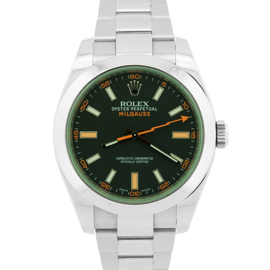 Rolex Milgauss BLACK Green Orange Stainless Steel 40mm Oyster 116400 GV Watch