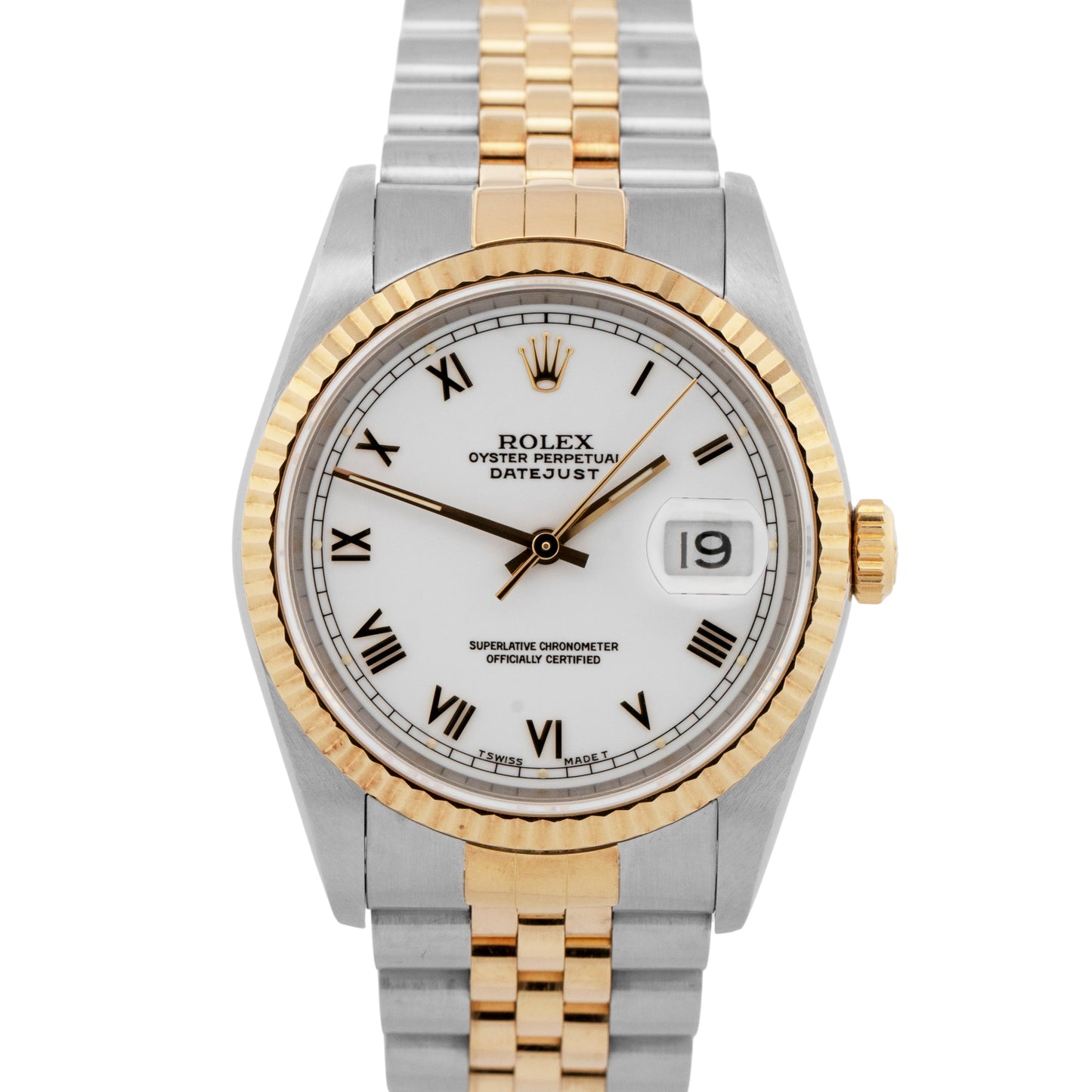 1990 PAPERS Rolex DateJust WHITE Two-Tone Yellow Gold Steel 36mm 16233 Watch BOX