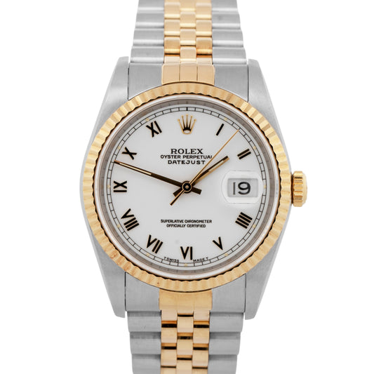 1990 PAPERS Rolex DateJust WHITE Two-Tone Yellow Gold Steel 36mm 16233 Watch BOX