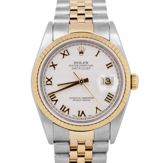 MINT Rolex DateJust 36mm Ivory Pyramid Roman Two-Tone 18K Gold Watch 16233 BOX