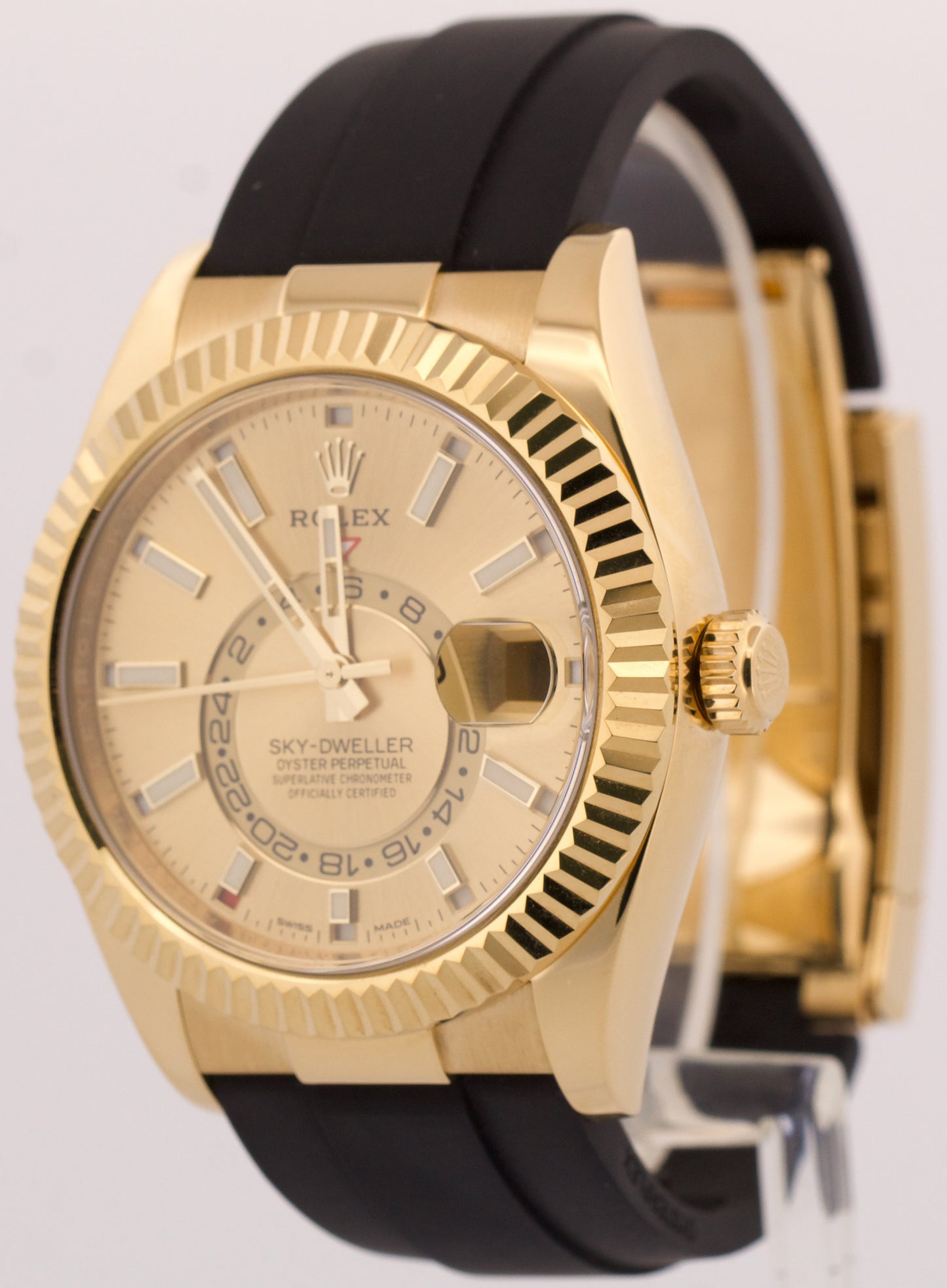 Rolex Sky-Dweller 18K Yellow Gold CHAMPAGNE Oysterflex Rubber 42mm 326238 BOX