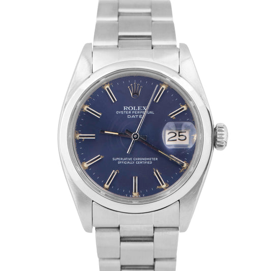 1976 Rolex Oyster Perpetual Date BLUE 34mm Stainless Steel Oyster Watch 1500