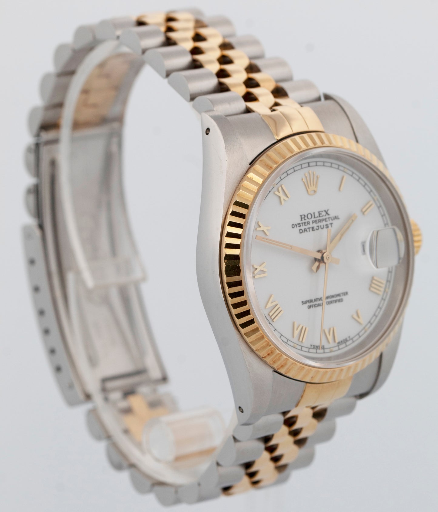 1990 PAPERS Rolex DateJust WHITE Two-Tone Yellow Gold Steel 36mm 16233 Watch BOX