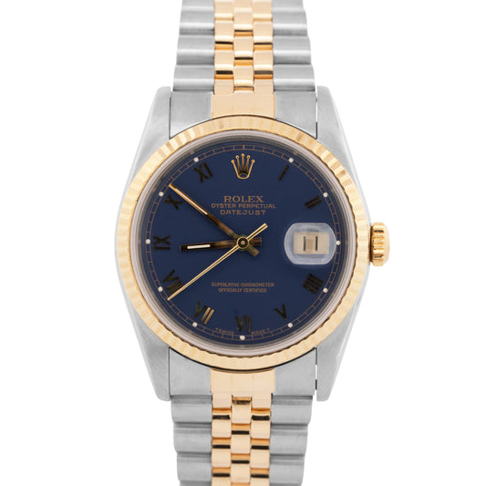 Rolex DateJust 36mm BLUE 18K Yellow Gold Stainless Steel JUBILEE Watch 16233