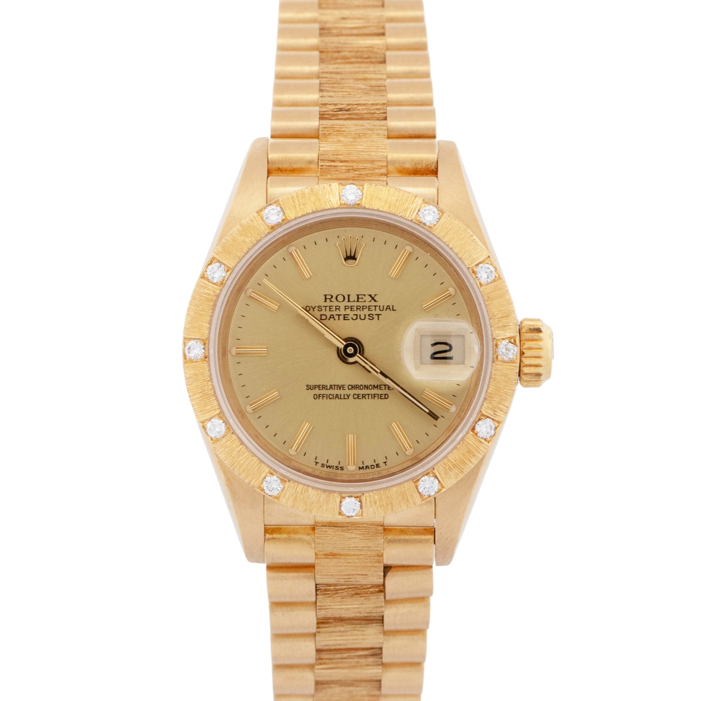 PAPERS Rolex DateJust President 26mm FACTORY DIAMOND BARK 18K Gold 69288 BOX