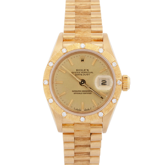 PAPERS Rolex DateJust President 26mm FACTORY DIAMOND BARK 18K Gold 69288 BOX