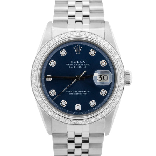 Rolex DateJust 36mm Blue Stainless Steel DIAMOND Automatic Jubilee Watch 1603