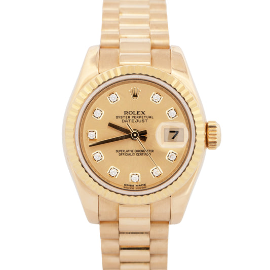PAPERS Rolex DateJust President DIAMOND 26mm Champagne 18K Gold 179178 BOX