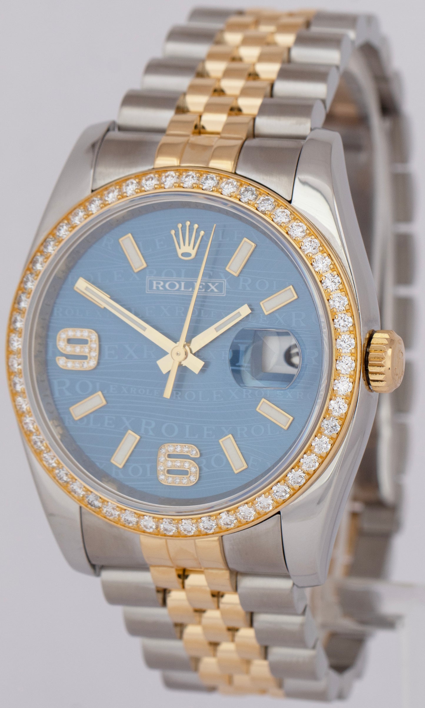 MINT Rolex DateJust 36mm Blue Wave DIAMOND Two-Tone Gold Steel Watch 116243