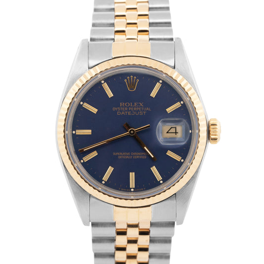 Rolex DateJust 36mm BLUE 18K Yellow Gold Two-Tone Stainless Steel Watch 16013