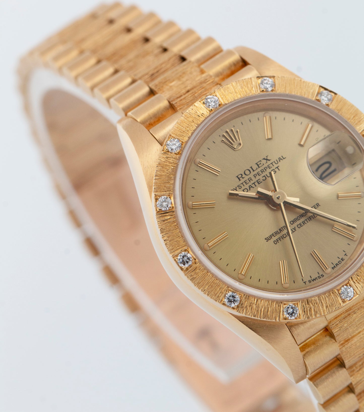 PAPERS Rolex DateJust President 26mm FACTORY DIAMOND BARK 18K Gold 69288 BOX