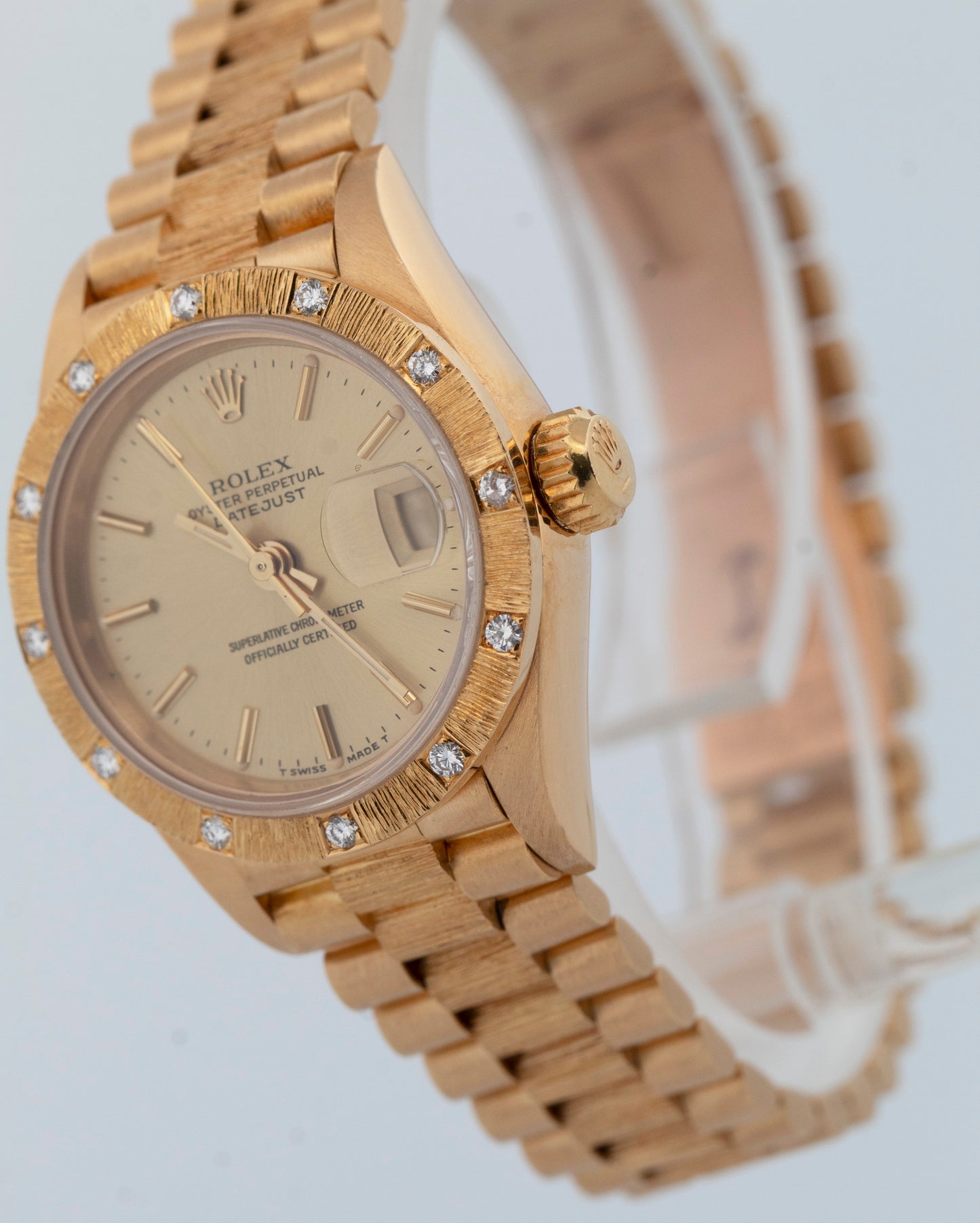 PAPERS Rolex DateJust President 26mm FACTORY DIAMOND BARK 18K Gold 69288 BOX