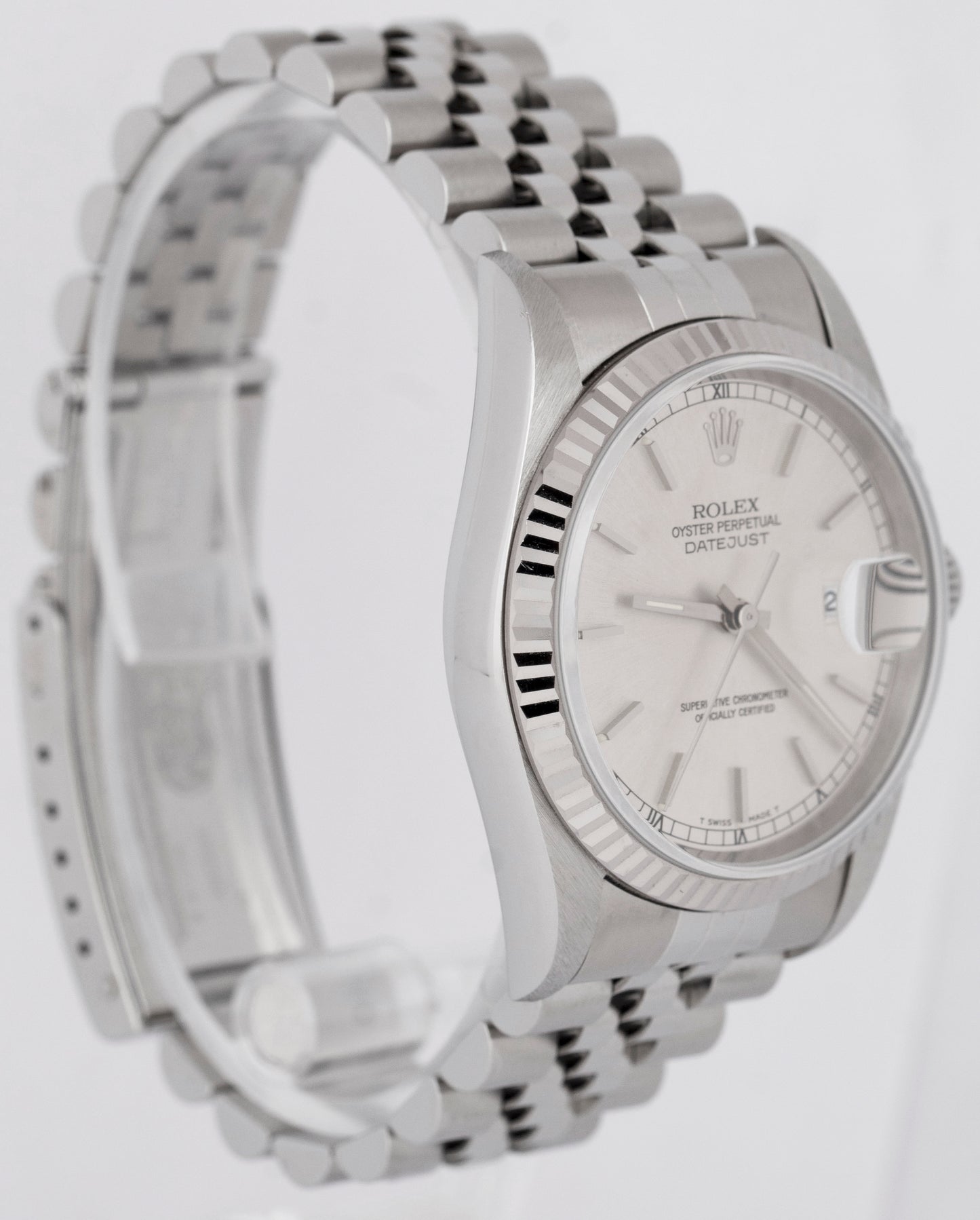 NOS Rolex DateJust Silver 36mm Stainless Steel 18K White Gold Watch 16234 BOX