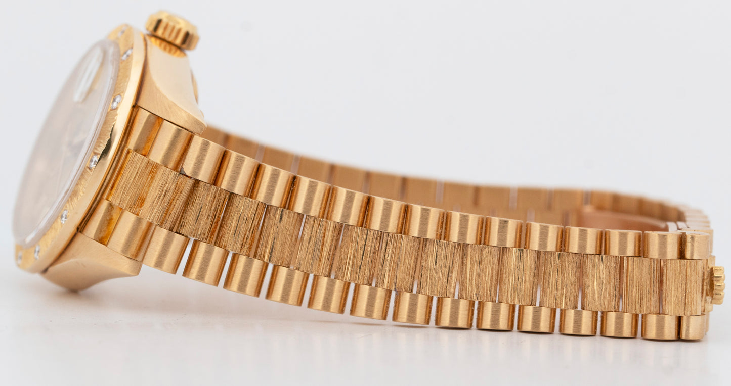 PAPERS Rolex DateJust President 26mm FACTORY DIAMOND BARK 18K Gold 69288 BOX