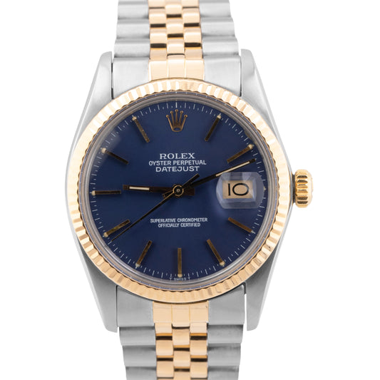 MINT Rolex DateJust 36mm Blue 18K Gold Two-Tone Stainless Steel Watch 16013