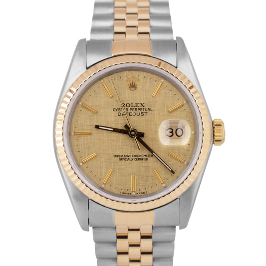 Rolex DateJust 36mm Champagne LINEN 18K Gold Two-Tone Stainless Watch 16013