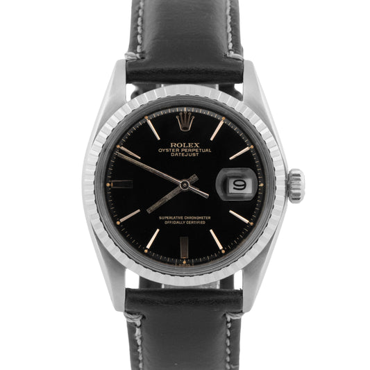 Rolex DateJust 36mm Black Stainless Engine Turned Automatic Watch 1603